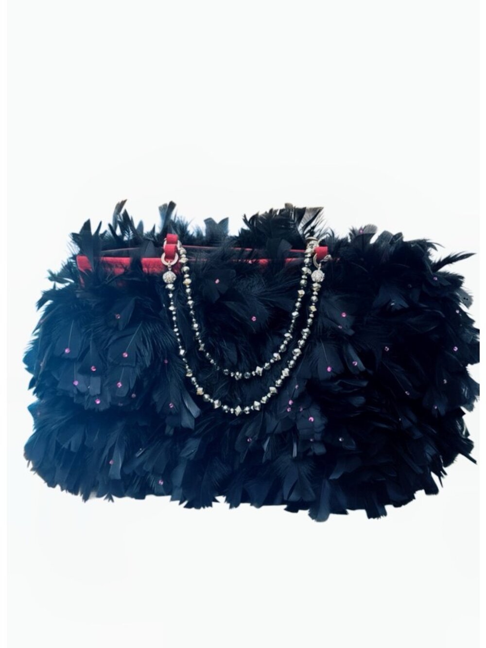 Black Feather Handbag With Swarovski Crystal Details & Red Interior Irene Marie